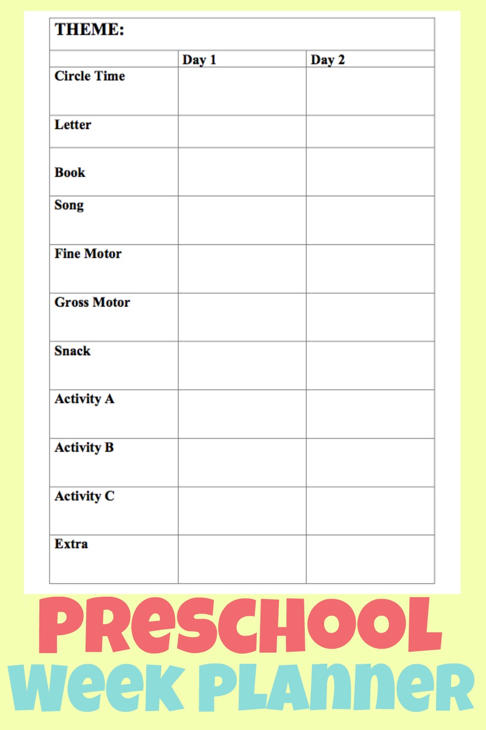 Free printable two day preschool lesson planner