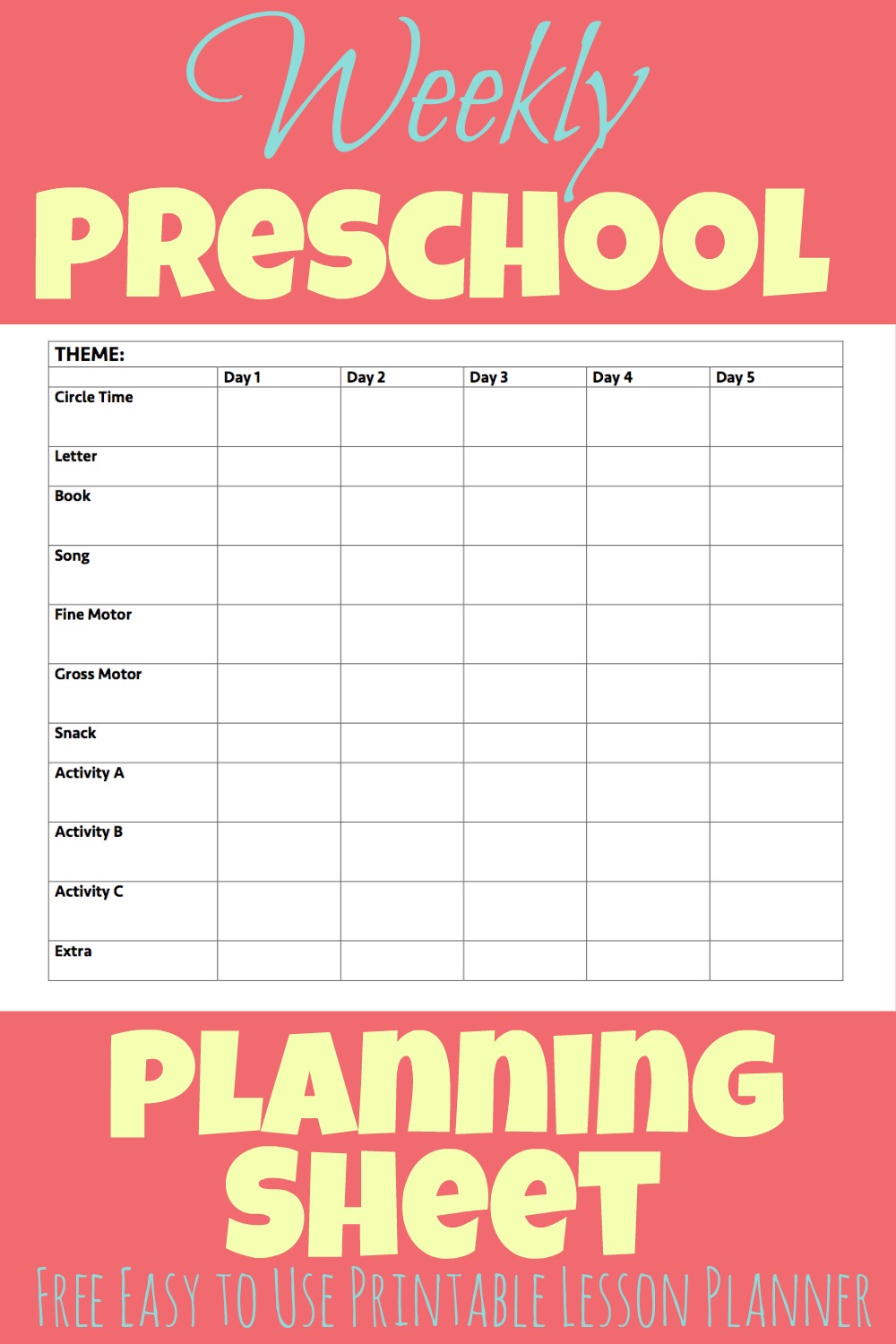 Weekly lesson planning is simple with this preschool lesson planner. Just fill in the blanks with your activity choices and your ready to go!