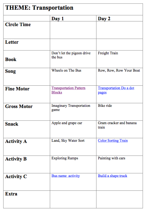 kindergarten lesson plans transportation